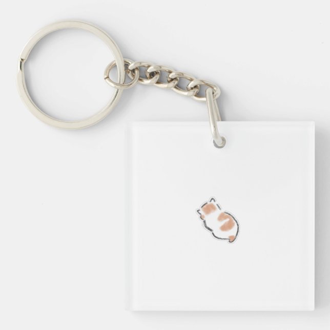 Cute Curled Up Sleeping Cat Hand Drawn Art Key Ring (Front)