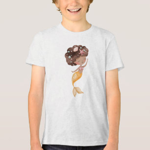 Cute Curly Hair Mermaid with Golden Tail Tri-Blend Shirt