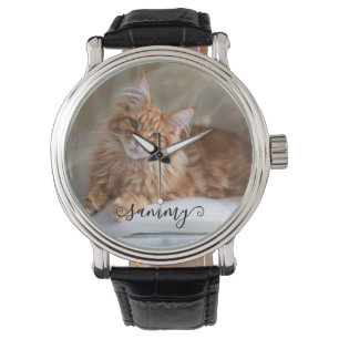 Cute Curly Name Cat Photo Watch