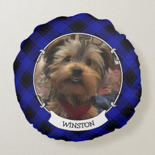Cute Custom 2 Photo Frame Blue and Black Plaid Round Cushion