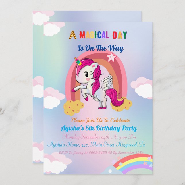  Cute  custom 5th Unicorn Birthday Party  Invit In Invitation (Front/Back)