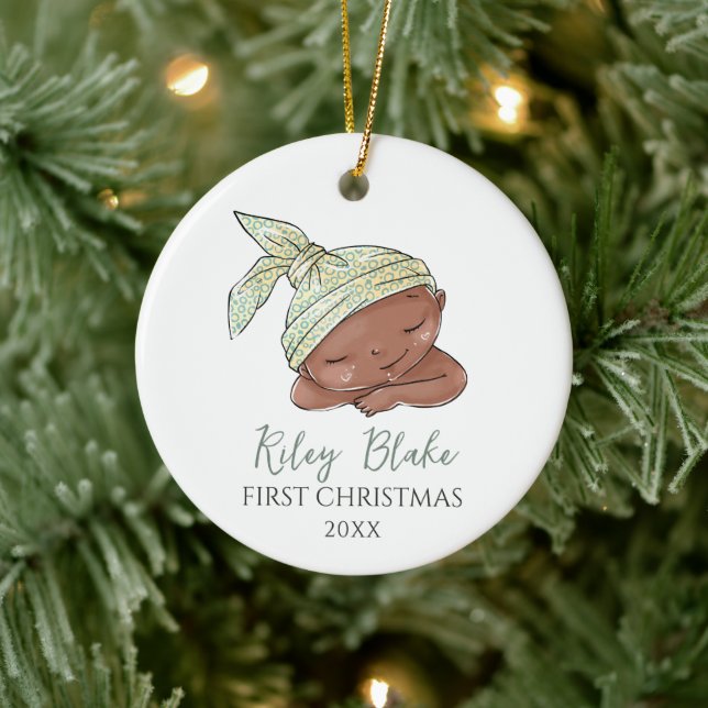 Cute Custom African American Baby First Christmas Ceramic Tree Decoration (Tree)