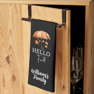 Cute Custom Autumn | Hello Fall Personalised Black Tea Towel