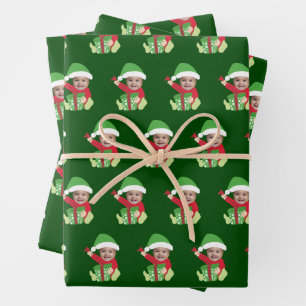 Cute Custom Baby Face Photo Elf Christmas Wrapping Paper Sheet