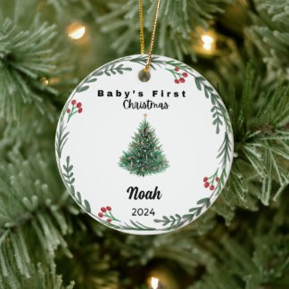 Cute Custom Baby First Christmas tree Watercolor Ceramic Tree Decoration