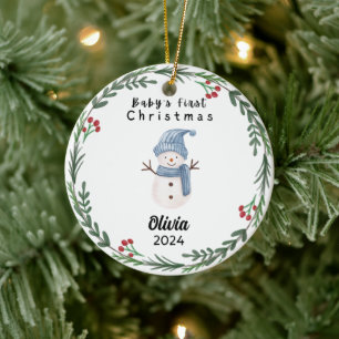 Cute Custom Baby First Watercolor Snowman Ceramic Tree Decoration