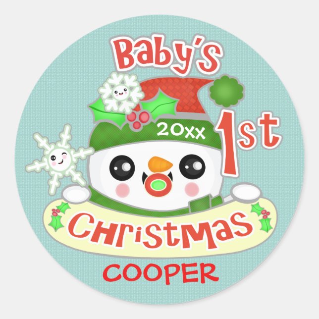 Cute Custom Baby's First Christmas Classic Round Sticker (Front)