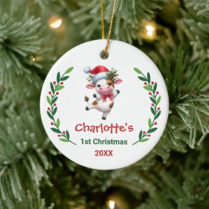 Cute Custom Baby's First Christmas Festive Cow Ceramic Tree Decoration