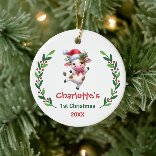 Cute Custom Baby's First Christmas Festive Cow Ceramic Tree Decoration (Tree)