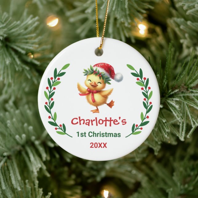 Cute Custom Baby's First Christmas Festive Duck Ceramic Tree Decoration (Tree)