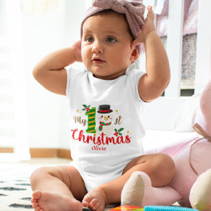 Cute Custom Baby's First Christmas Snowman Holly  Baby Bodysuit