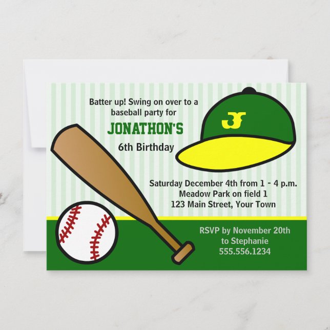 Cute Custom Baseball Birthday Party Green & Yellow Invitation (Front)