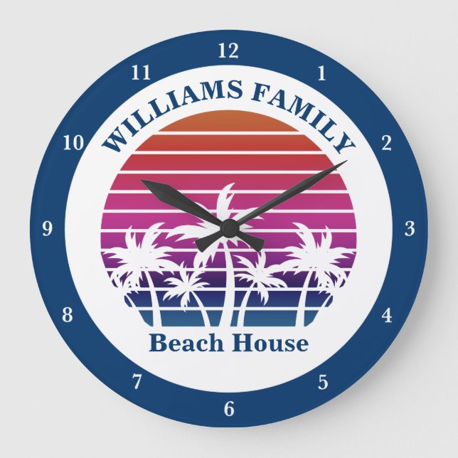 Cute Custom Beach House Palm Tree Tropical Sunset Large Clock (Front)