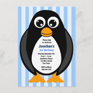 Cute Custom Birthday Party Penguin Invite - Blue