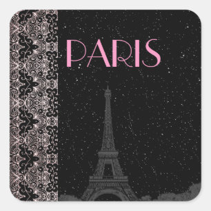 Cute Custom Black/Pink Midnight Stars Eiffel Tower Square Sticker