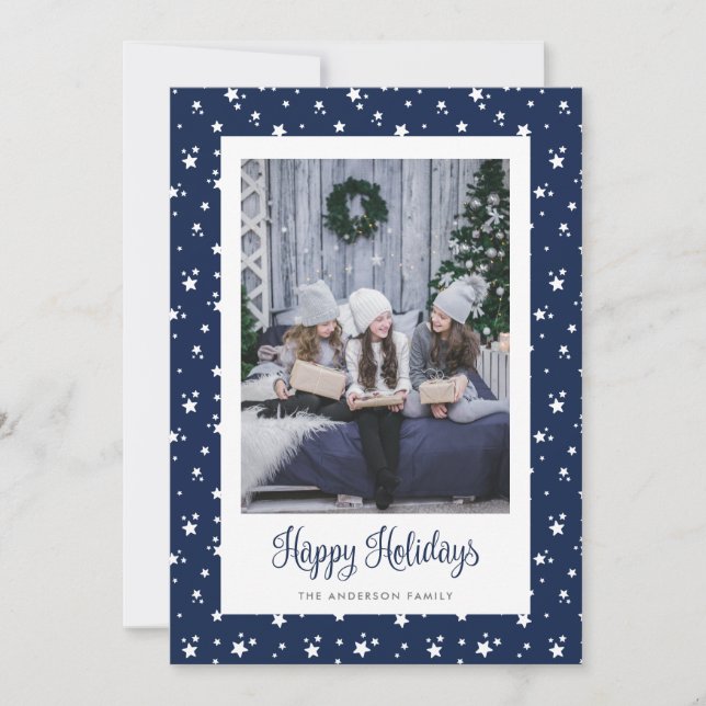 Cute Custom Blue Stars Photo Holiday Cards (Front)
