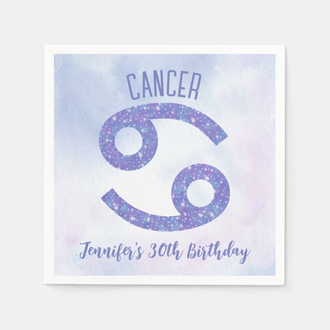 Cute Custom Cancer Purple Astrology Birthday Party Napkin (Front)