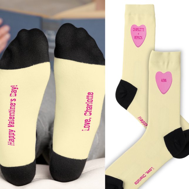 Cute Custom Candy Heart Valentine Day Pink Yellow Socks (Cute personalized retro candy candy heart socks for Valentine's Day!)