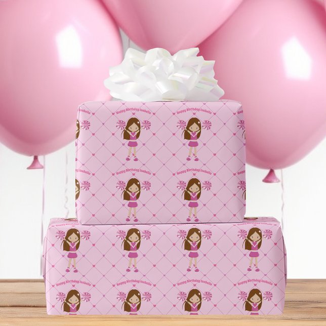 Cute Custom Cheerleader Girl Pink Birthday Wrapping Paper (Creator Uploaded)