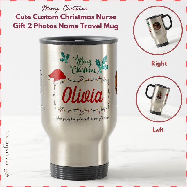 Cute Custom Christmas Nurse Gift  2 Photos Name Travel Mug (Creator Uploaded)