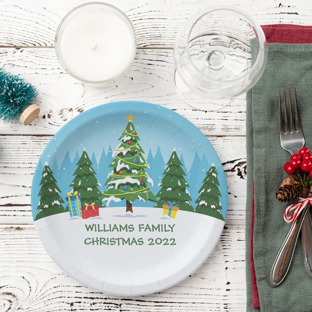 Cute Custom Christmas Trees Holiday Party Blue Paper Plate (Creator Uploaded)