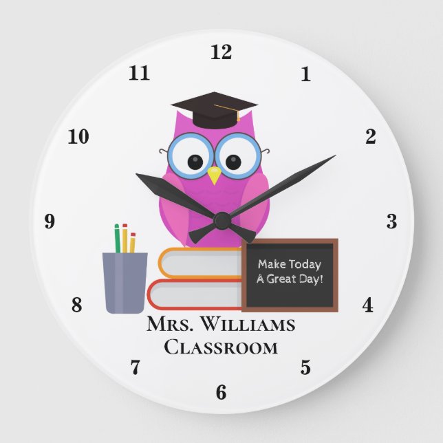 Cute Custom Classroom Pink Owl Teacher Monogram Large Clock (Front)
