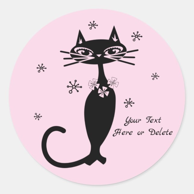 Cute Custom Colour/Text Retro Mod Black Cat Pink Classic Round Sticker (Front)