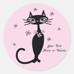 Cute Custom Colour/Text Retro Mod Black Cat Pink Classic Round Sticker