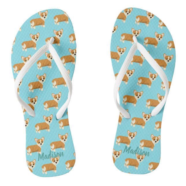Cute Custom Corgi Teal Flip Flops (Footbed)