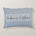 Cute Custom Couple Names Typography Modern Blue Decorative Cushion<br><div class="desc">Add first and last names to typography pillow. Text is added to Blue updated colour palette with white font. Colour of background and fonts are easily changed in design tool section.  Email me at beachpausedesigns.com if you have questions about this or any of our designs.</div>
