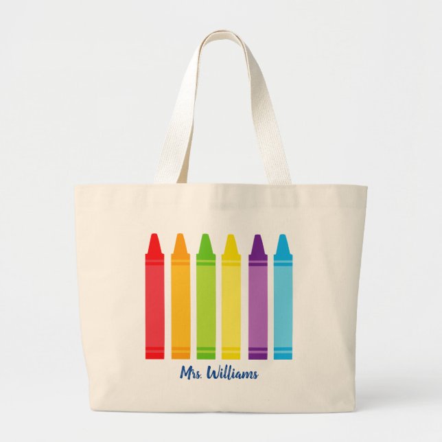 Cute Custom Crayon Kindergarten Teacher School Large Tote Bag (Front)