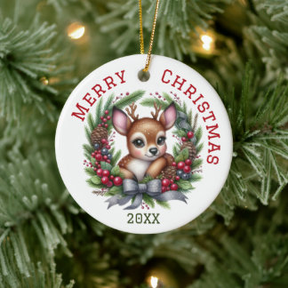 Cute Custom Deer Christmas Ceramic Tree Decoration