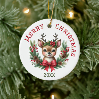 Cute Custom Deer Christmas Ceramic Tree Decoration