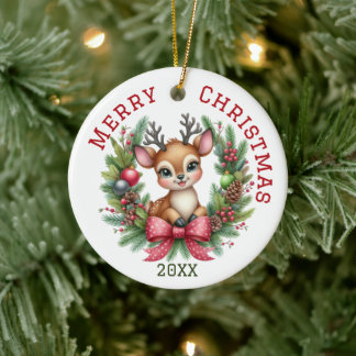Cute Custom Deer Christmas Ceramic Tree Decoration