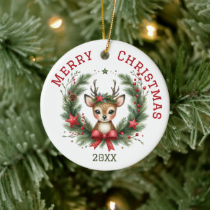 Cute Custom Deer Christmas  Ceramic Tree Decoration