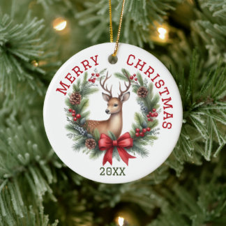 Cute Custom Deer Christmas Ceramic Tree Decoration