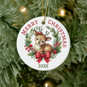Cute Custom Deer Christmas  Ceramic Tree Decoration