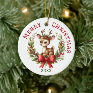 Cute Custom Deer Christmas  Ceramic Tree Decoration