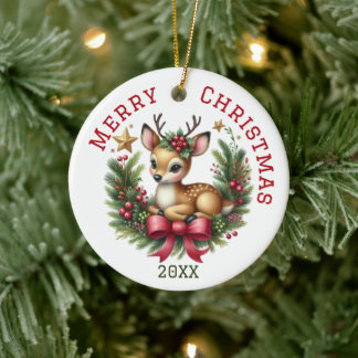 Cute Custom Deer Christmas Ceramic Tree Decoration