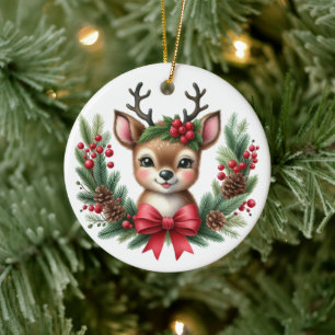 Cute Custom Deer Christmas Wreath Ceramic Tree Decoration