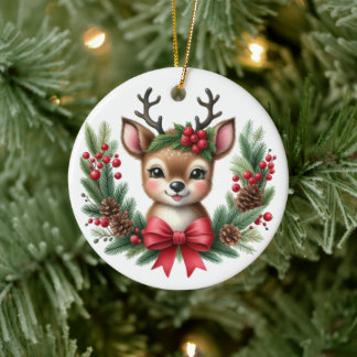 Cute Custom Deer Christmas Wreath Ceramic Tree Decoration