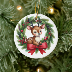Cute Custom Deer Christmas Wreath Ceramic Tree Decoration