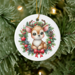 Cute Custom Deer Christmas Wreath Ceramic Tree Decoration