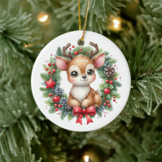 Cute Custom Deer Christmas Wreath Ceramic Tree Decoration