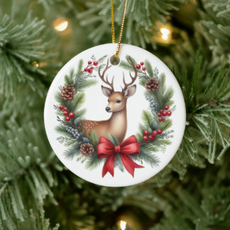 Cute Custom Deer Christmas Wreath Ceramic Tree Decoration