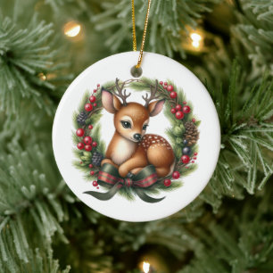 Cute Custom Deer Christmas Wreath Ceramic Tree Decoration