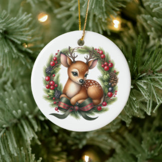 Cute Custom Deer Christmas Wreath Ceramic Tree Decoration
