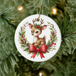 Cute Custom Deer Christmas Wreath Ceramic Tree Decoration