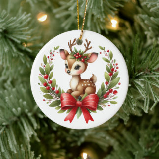 Cute Custom Deer Christmas Wreath Ceramic Tree Decoration
