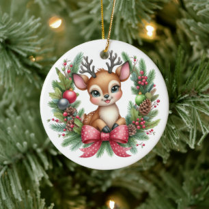 Cute Custom Deer Christmas Wreath Ceramic Tree Decoration